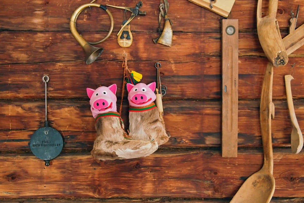 Nach dem Essen spielen die Schweine in der Dekoration.